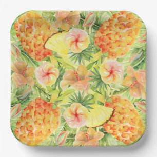 Assiettes En Carton Ananas tropicaux Fleurs verdure