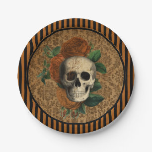 Assiettes En Carton Anatomie vintage   Crâne avec Halloween Rose