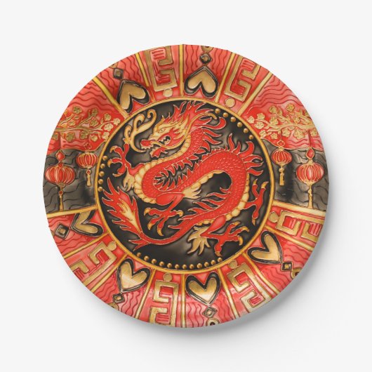 Assiettes En Carton Ancien Dragon chinois traditionnel Rouge Or Or (Devant)