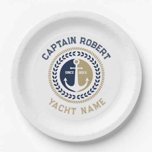 Assiettes En Carton Ancrage de bateau nautique bleu et or (Devant)