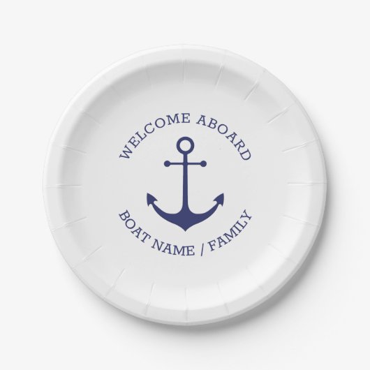 Assiettes En Carton Ancrage nautique marine blanc Custom Welcome Aboar (Devant)