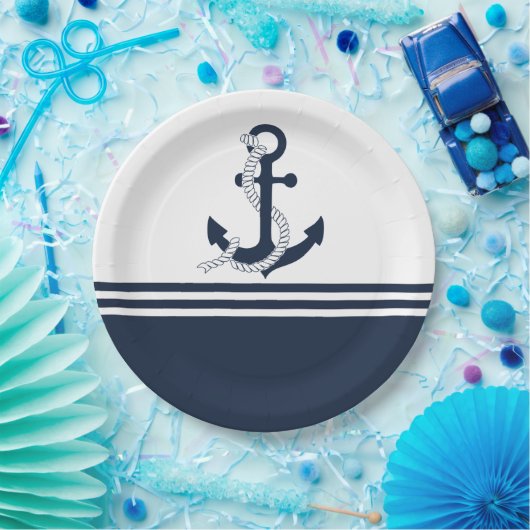 Assiettes En Carton Ancrages bleu marine à rayures bleues et blanches (Fête)