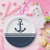 Assiettes En Carton Ancrages bleu marine à rayures bleues et blanches (Fête)