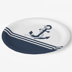 Assiettes En Carton Ancrages bleu marine à rayures bleues et blanches