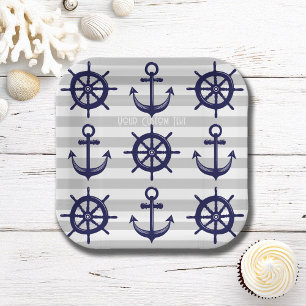 Assiettes En Carton Ancre bleu marine roue de bateau rayé gris Nautica