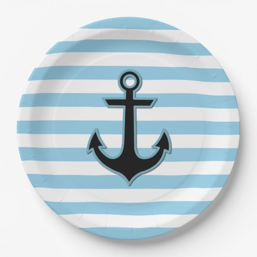Assiettes En Carton Ancre Bleue, Ancre Bateau, Ancre Navire, Rayures (Devant)