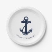 Assiettes En Carton Ancre bleue marine Mariage côtier (Devant)