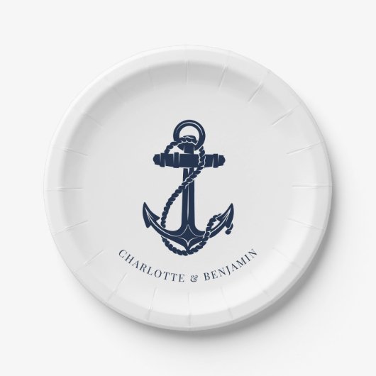 Assiettes En Carton Ancre bleue marine Mariage côtier (Devant)