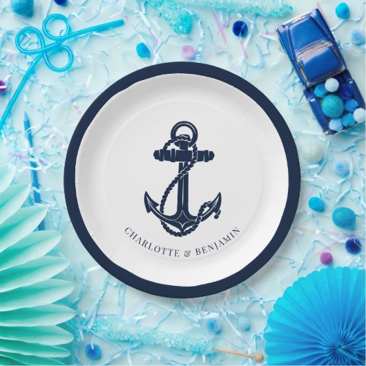 Assiettes En Carton Ancre Bleue Marine Nautique Plage Mariage (Fête)