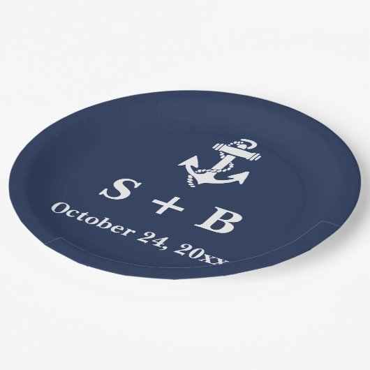 Assiettes En Carton Ancre Bleue Marine Plage Nautique Mariage Océan (Angle)