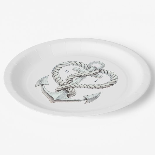 Assiettes En Carton Ancre Coeur Nautique Mariage Côtier (Angle)