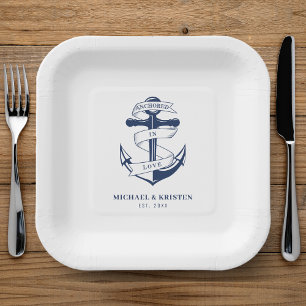 Assiettes En Carton Ancré dans l'amour blanc Mariage d'Ancres nautique