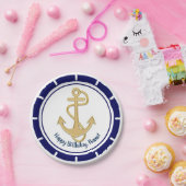 Assiettes En Carton Ancre dorée centrale Marine Bleu Nautique (Fête)