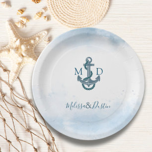 Assiettes En Carton Ancre minimaliste bleu plage Mariage nautique