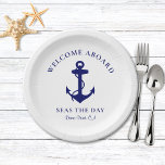 Assiettes En Carton Ancre nautique<br><div class="desc">Plaques en papier moderne sur le thème nautique pour votre bateau qui présentent une illustration bleu marine d'une ancre,  et "Welcome Aboard" et le nom et l'emplacement de votre bateau dans une élégante typographie et écriture bleu marine.</div>