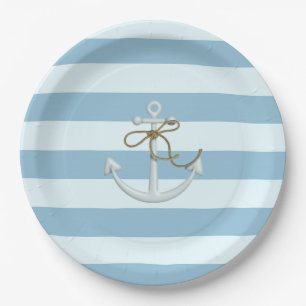 Assiettes En Carton Ancre nautique adorable sur rayures bleu clair