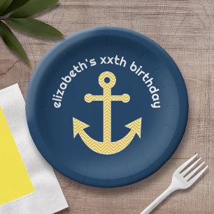 Assiettes En Carton Ancre nautique avec Motif de Navy Jaune Chevron