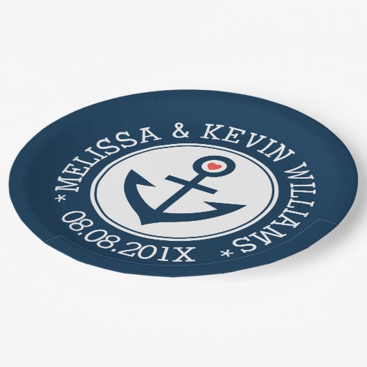 Assiettes En Carton Ancre nautique bleu et blanc Design Mariage (Angle)