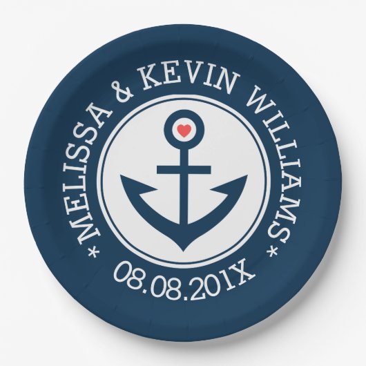 Assiettes En Carton Ancre nautique bleu et blanc Design Mariage (Devant)