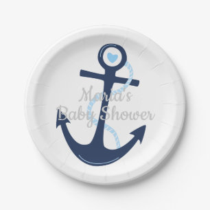 Assiettes En Carton Ancre nautique Bleu Gris Baby shower Garçon Plaque