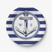 Assiettes En Carton Ancre nautique Bleu marine Rayures (Devant)