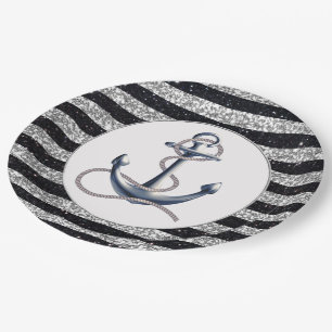 Assiettes En Carton Ancre nautique Mariage Silver Black Stripes