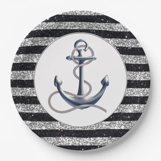 Assiettes En Carton Ancre nautique Mariage Silver Black Stripes (Devant)