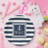 Assiettes En Carton Ancre nautique Monogramme Marine Blue Stripe (Fête)