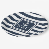 Assiettes En Carton Ancre nautique Monogramme Marine Blue Stripe (Angle)