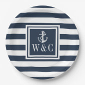 Assiettes En Carton Ancre nautique Monogramme Marine Blue Stripe (Devant)
