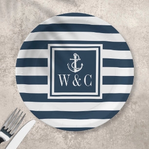 Assiettes En Carton Ancre nautique Monogramme Marine Blue Stripe
