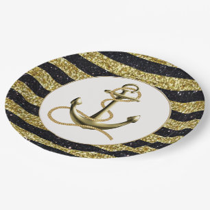 Assiettes En Carton Ancre nautique Plaques de Mariage Black Stripes Or
