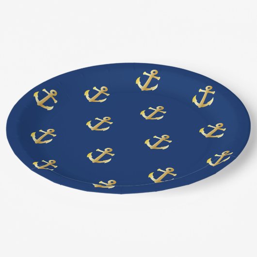 Assiettes En Carton Ancres Nautiques Jaune Chic Or Motif Sur Bleu (Angle)