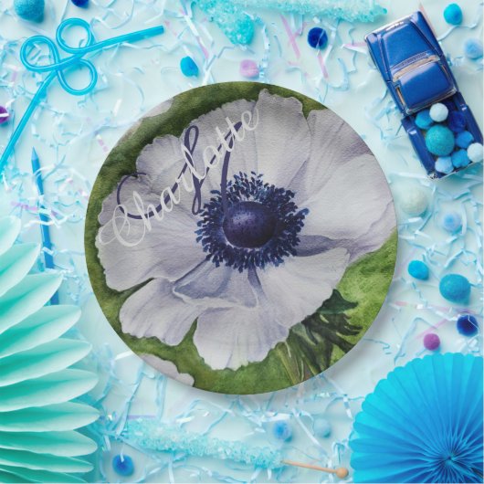 ASSIETTES EN CARTON ANÉMONE BLANCHE ÉLÉGANTE MONOGRAMME SOIRÉE (Fête)