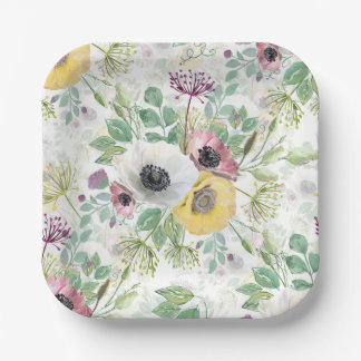 Assiettes En Carton Anémones roses, blanches et jaunes.