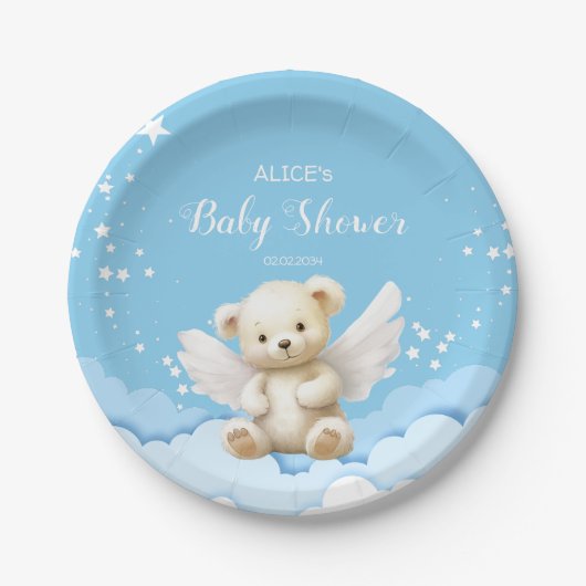 Assiettes En Carton Ange Teddy Ours sur nuages Bébé Bleu (Devant)