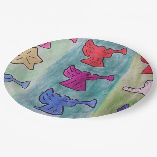 Assiettes En Carton Anges de Noël avec trompettes (Angle)