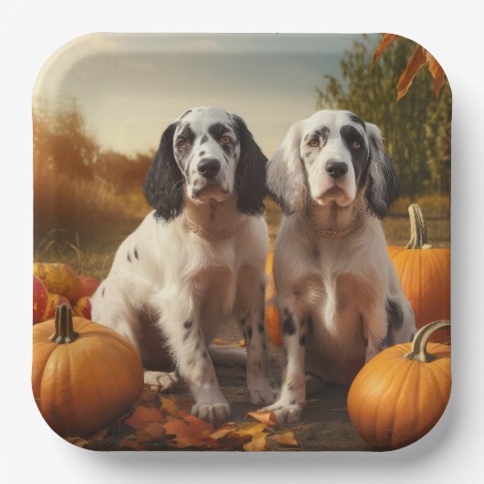 Assiettes En Carton Anglais Setter Puppy Automne Citrouille de plaisir (Recto)