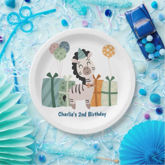 Assiettes En Carton animal de fête, Zèbre avec cadeaux et ballon (Fête)