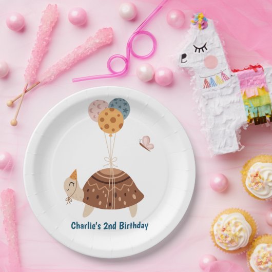 Assiettes En Carton Animal de marionnette, Tortue avec ballons et casq (Fête)