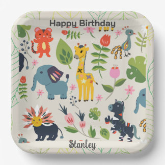 Assiettes En Carton Animal Jungle Pastel Leaf Motif Anniversaire