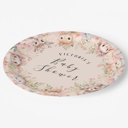 Assiettes En Carton Animaux de bois rose Nom personnalisé (Angle)