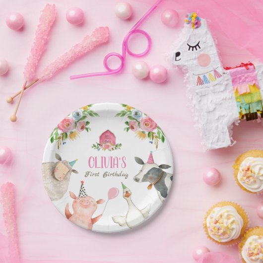 Assiettes En Carton Animaux de ferme Barnyard Zoo Party Fille rose Ann (Fête)
