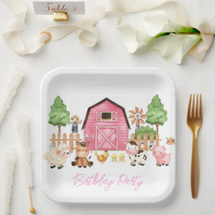 Assiettes En Carton Animaux de ferme roses fête d'anniversaire
