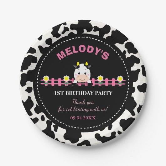 Assiettes En Carton Animaux de ferme Vache rose Barnyard 1er anniversa (Devant)
