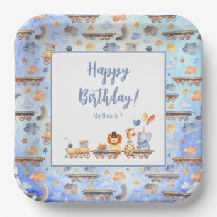 Assiettes En Carton Animaux de fête en train Kid Jungle Joyeux anniver
