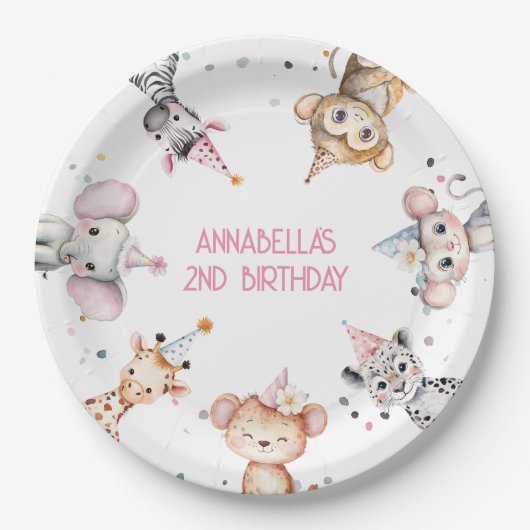Assiettes En Carton Animaux de fête mignonne safari fille anniversaire (Devant)