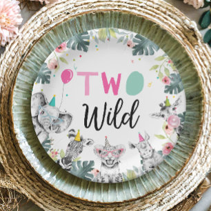 Assiettes En Carton Animaux de fête Safari fille rose deuxième anniv