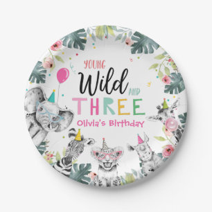 Assiettes En Carton Animaux de fête Safari fille rose troisième anni