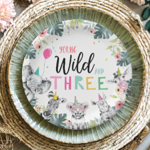 Assiettes En Carton Animaux de fête Safari Girl Pink Troisième anniv